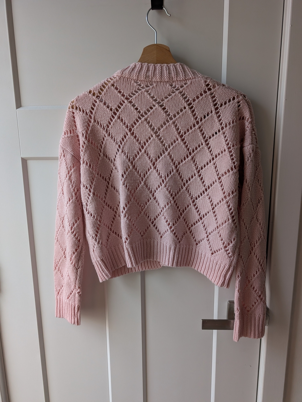 Pink Open-Knit V-Neck Cardigan Sweater - Picture 4 of 4